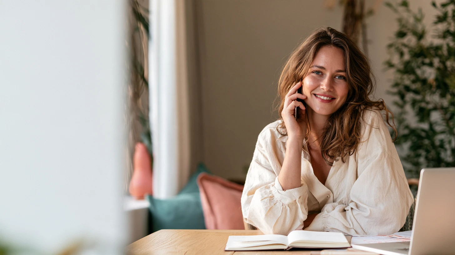A smiling woman on a phone call at a table with a notebook and laptop