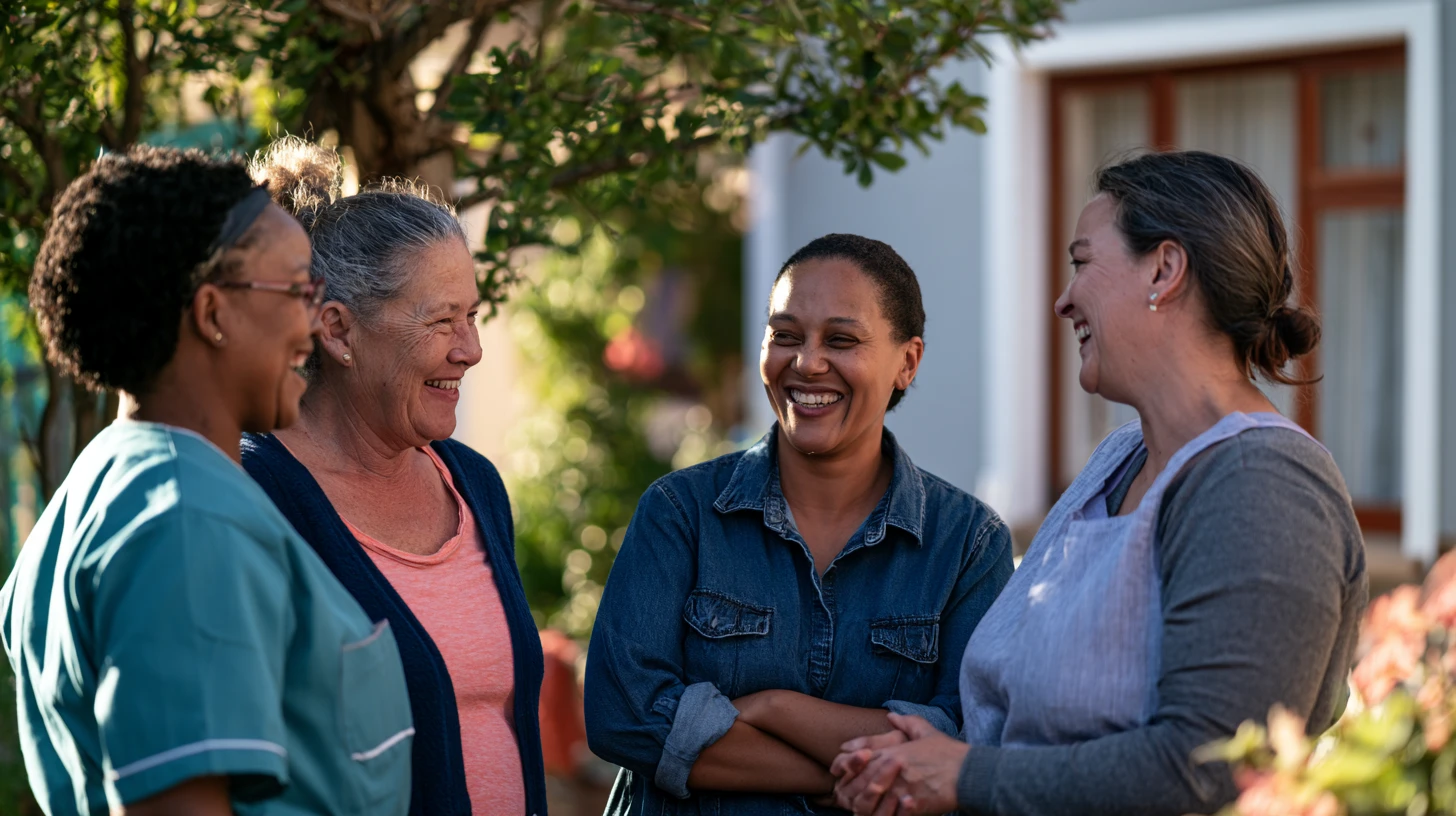 Four carers laughing together outside a home
